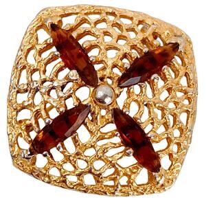 VTG Mid Century Navette Amber Glass Filigree Brooch Pendant Signed S.H.P. Inc.